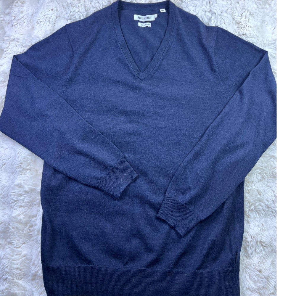 Ben Sherman Mens Navy Blue 100% Merino Wool V-Neck Sweater Size L. A28